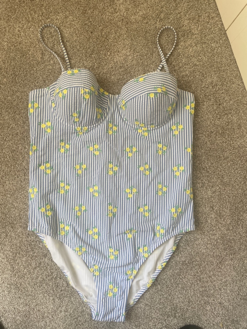 J.Crew Balconette Embroidered Seersucker Striped One-Piece Swimsuit Sz 12